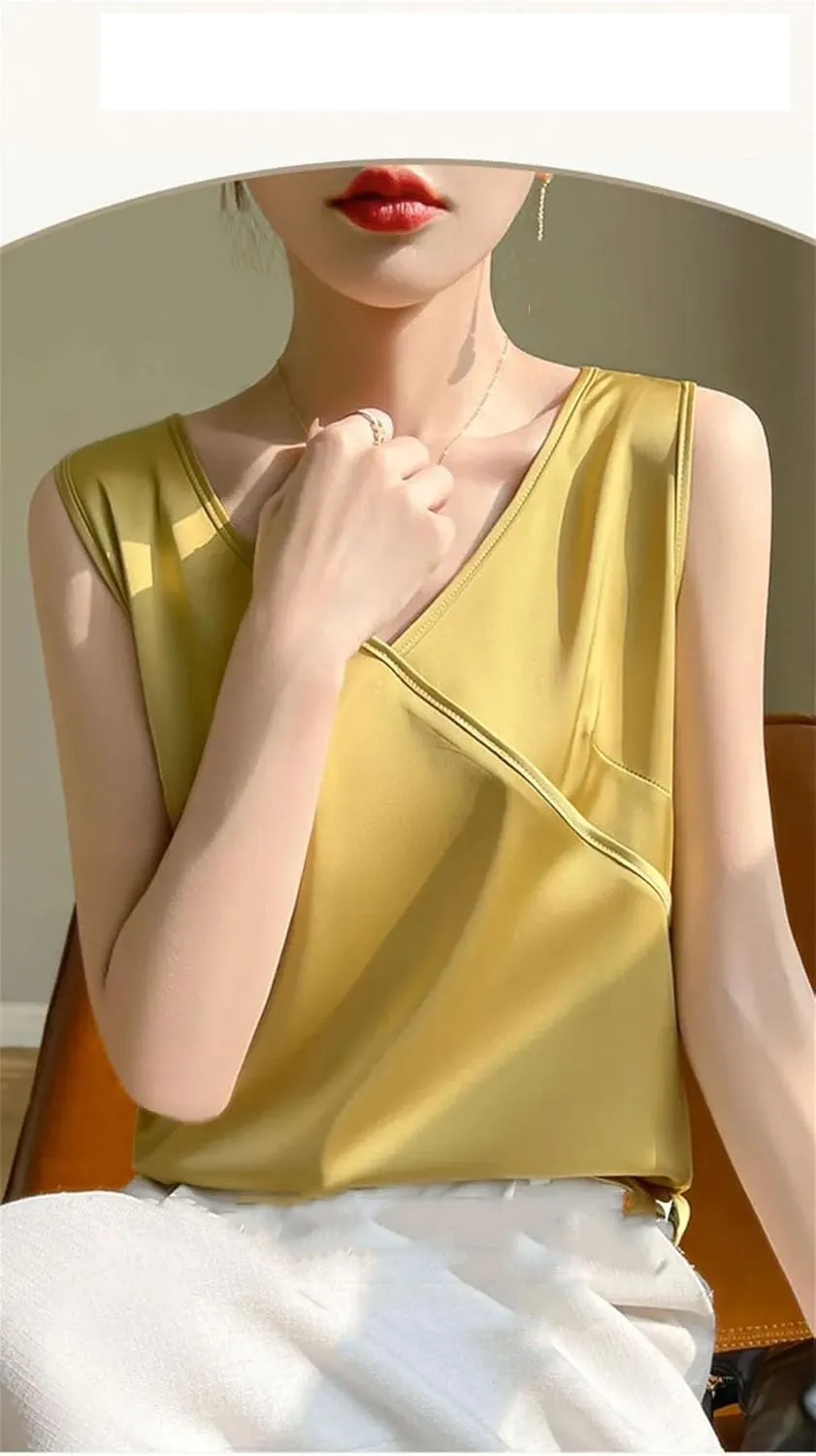 Women Summer Silk Satin Thin V-Neck Tank Tops Crossed Collar Camisole Basic Silky Camis