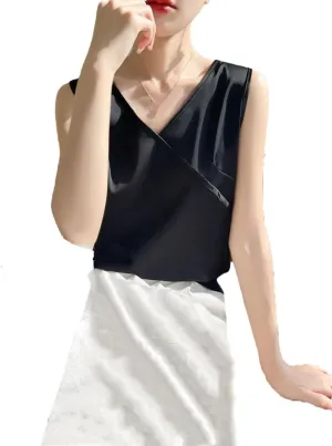Women Summer Silk Satin Thin V-Neck Tank Tops Crossed Collar Camisole Basic Silky Camis