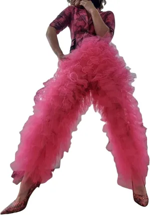 Women Tulle Pants Y2k Multi Layered Long Pants Ruffle Tiered High Waist Wide Leg Trousers Party Dress Up