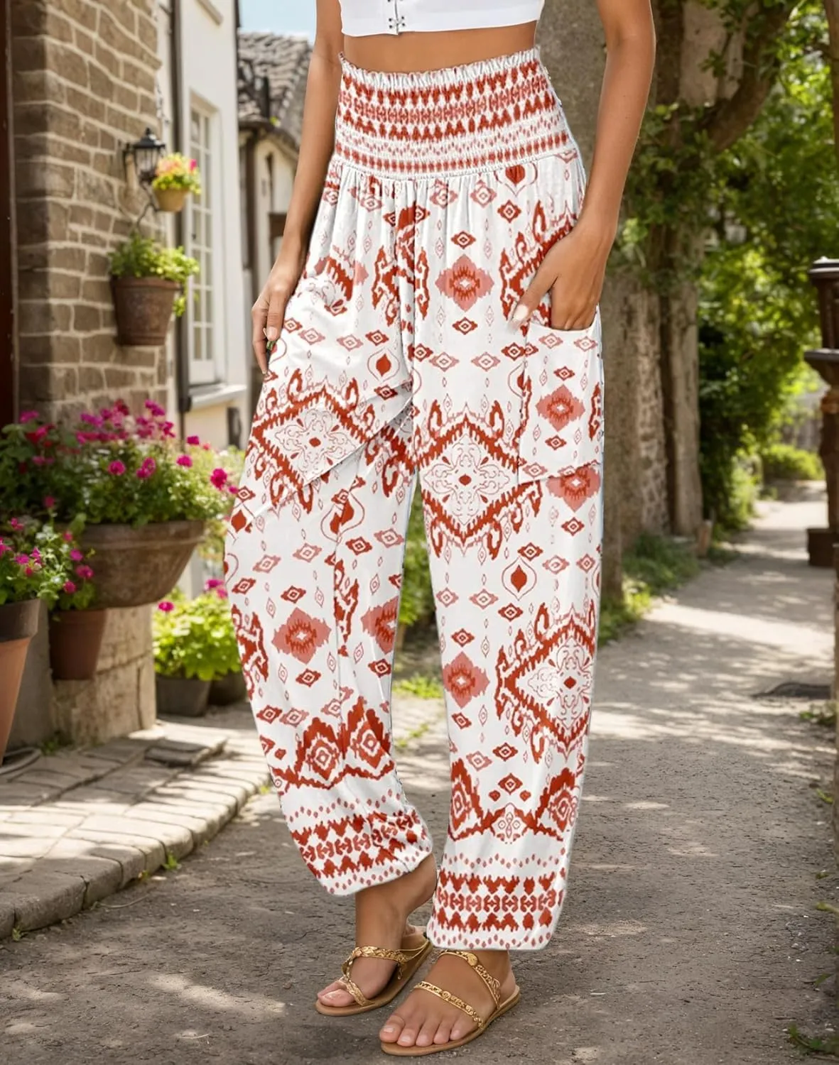 Womens Boho Floral Harem Pants Elastic High Waist Casual Loose Long Pants Summer Beach Pants with Pockets