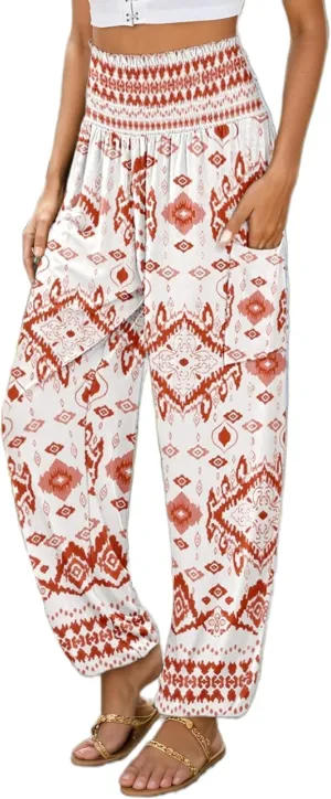 Womens Boho Floral Harem Pants Elastic High Waist Casual Loose Long Pants Summer Beach Pants with Pockets