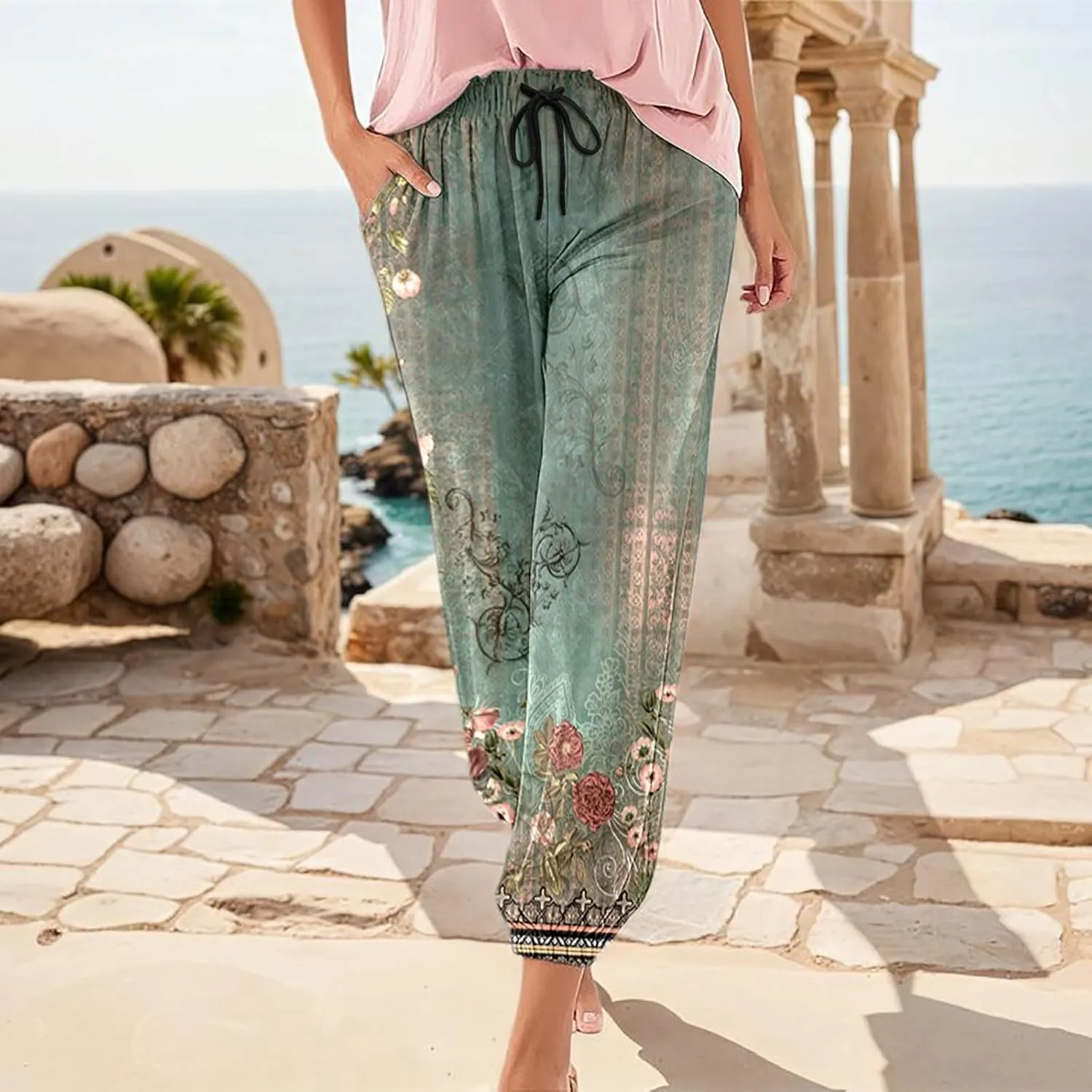 Women's Capri Pants High Waist Drawstring Cinch Bottom Bohemia Lightweight Summer Pant Yoga Vintage Harem Trousers 2025
