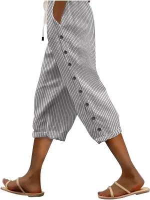 Womens Capris Pants High Waist Drawstring Comfy Casual Pants Casua Lightweight Loose Buttons Trousers with Pockets