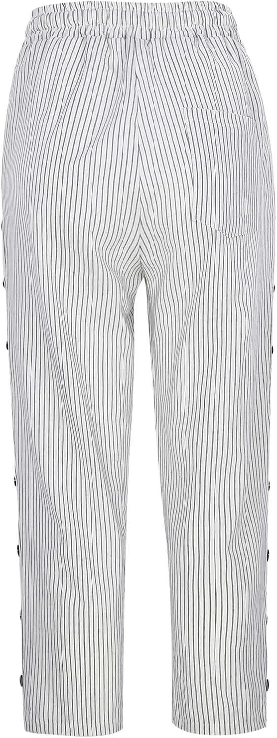 Womens Capris Pants High Waist Drawstring Comfy Casual Pants Casua Lightweight Loose Buttons Trousers with Pockets