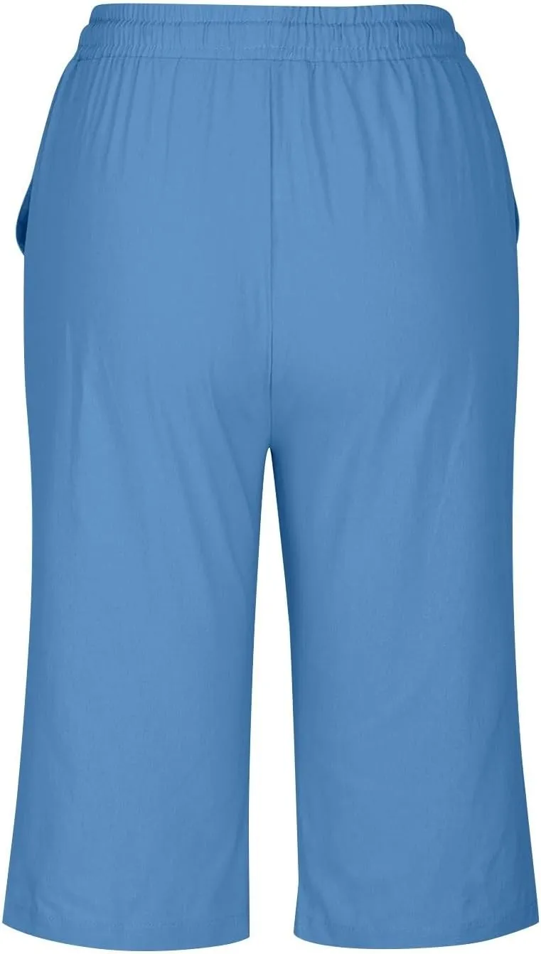 Womens Capris Pants High Waist Drawstring Comfy Casual Pants Lightweight Loose Trousers Buttons Trim with Pockets