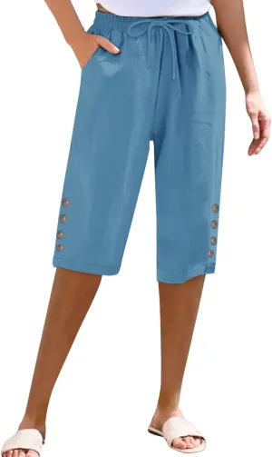 Womens Capris Pants High Waist Drawstring Comfy Casual Pants Lightweight Loose Trousers Buttons Trim with Pockets