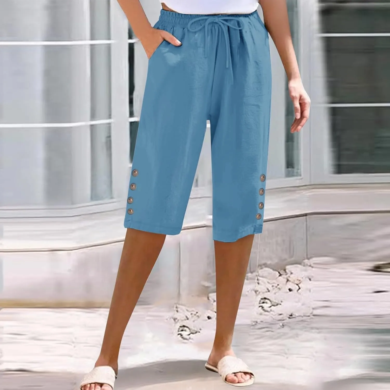 Womens Capris Pants High Waist Drawstring Comfy Casual Pants Lightweight Loose Trousers Buttons Trim with Pockets