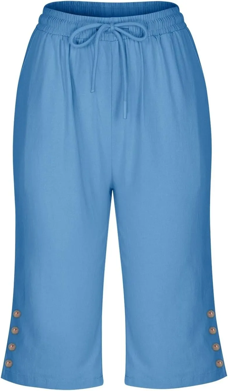 Womens Capris Pants High Waist Drawstring Comfy Casual Pants Lightweight Loose Trousers Buttons Trim with Pockets
