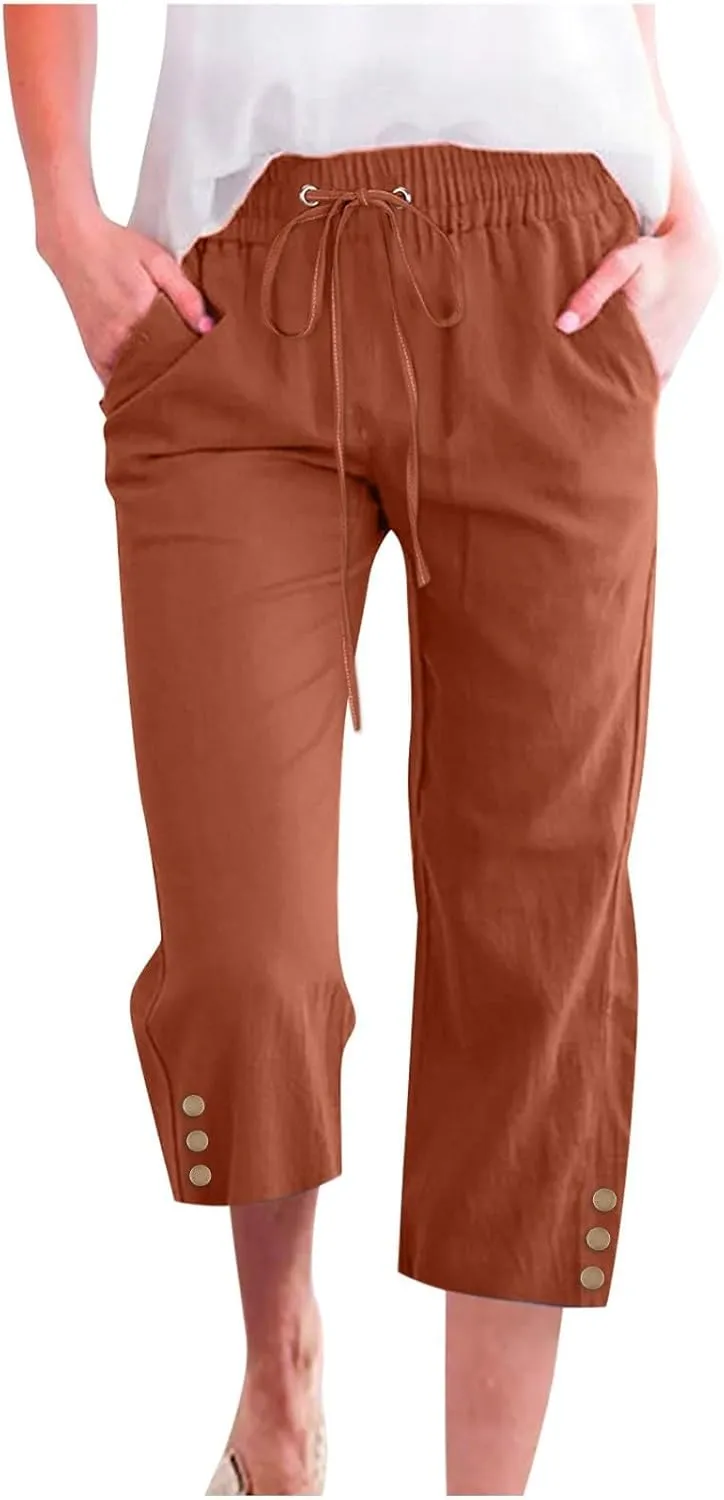 Womens Capris Pants High Waist Drawstring Comfy Cropped Linen Lightweight Loose Trousers Buttons Trim with Pockets
