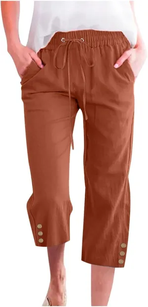 Womens Capris Pants High Waist Drawstring Comfy Cropped Linen Lightweight Loose Trousers Buttons Trim with Pockets