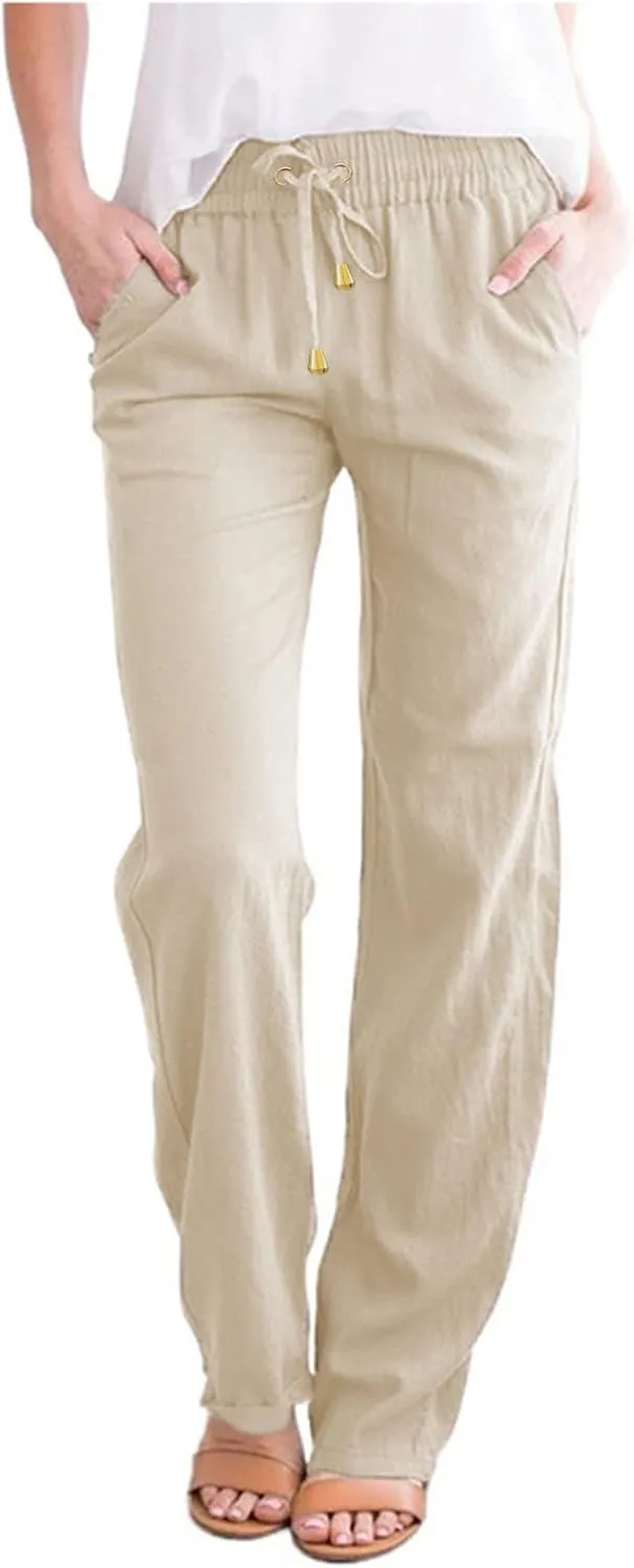 Womens Casual Cotton Linen Pants Lightweight Summer Elastic High Waist Palazzo Pant Plus Size Beach Flowy Long Trousers