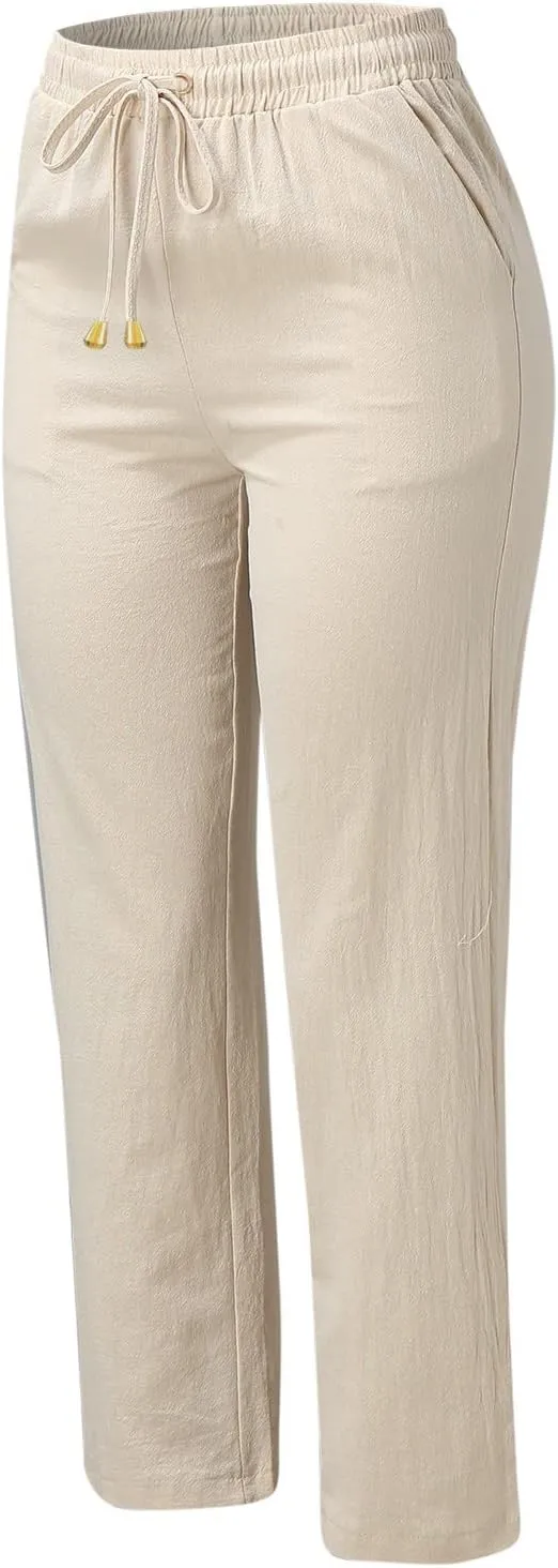 Womens Casual Cotton Linen Pants Lightweight Summer Elastic High Waist Palazzo Pant Plus Size Beach Flowy Long Trousers