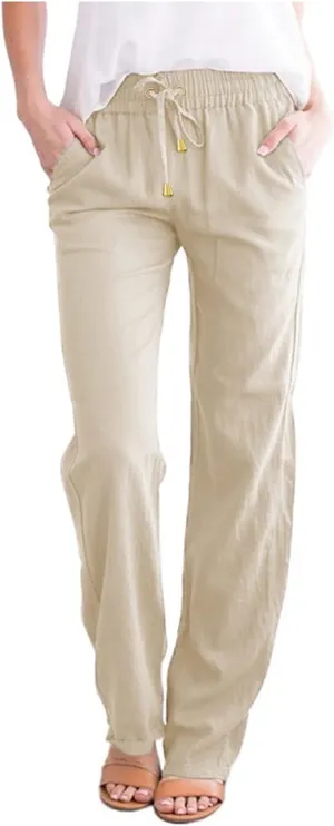 Womens Casual Cotton Linen Pants Lightweight Summer Elastic High Waist Palazzo Pant Plus Size Beach Flowy Long Trousers