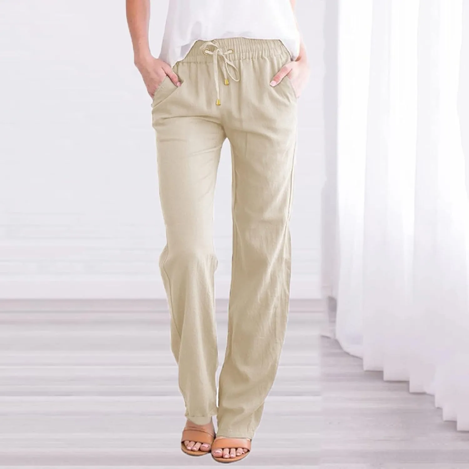 Womens Casual Cotton Linen Pants Lightweight Summer Elastic High Waist Palazzo Pant Plus Size Beach Flowy Long Trousers