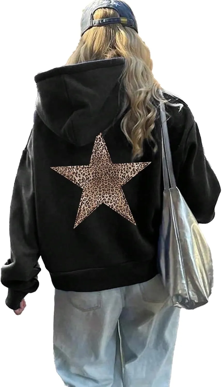 Women's Cheetah Leopard Star Print Hooded Sweatshirt Y2k Casual Long Sleeve Pullover Hoodie Tops