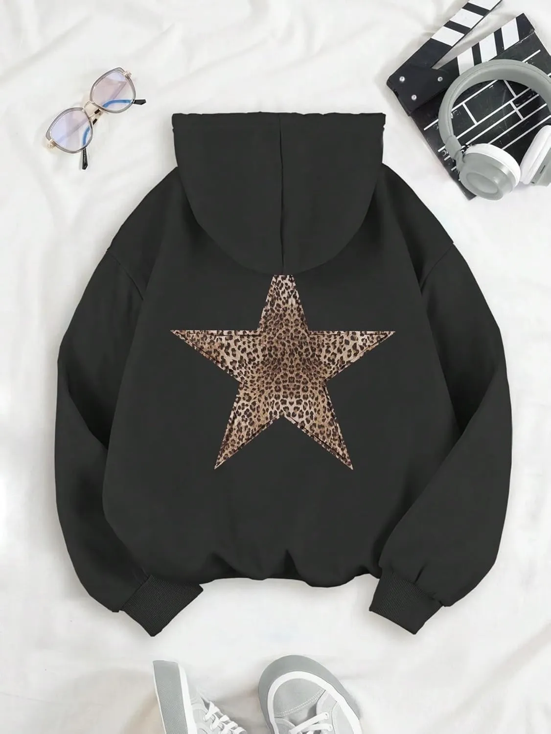 Women's Cheetah Leopard Star Print Hooded Sweatshirt Y2k Casual Long Sleeve Pullover Hoodie Tops