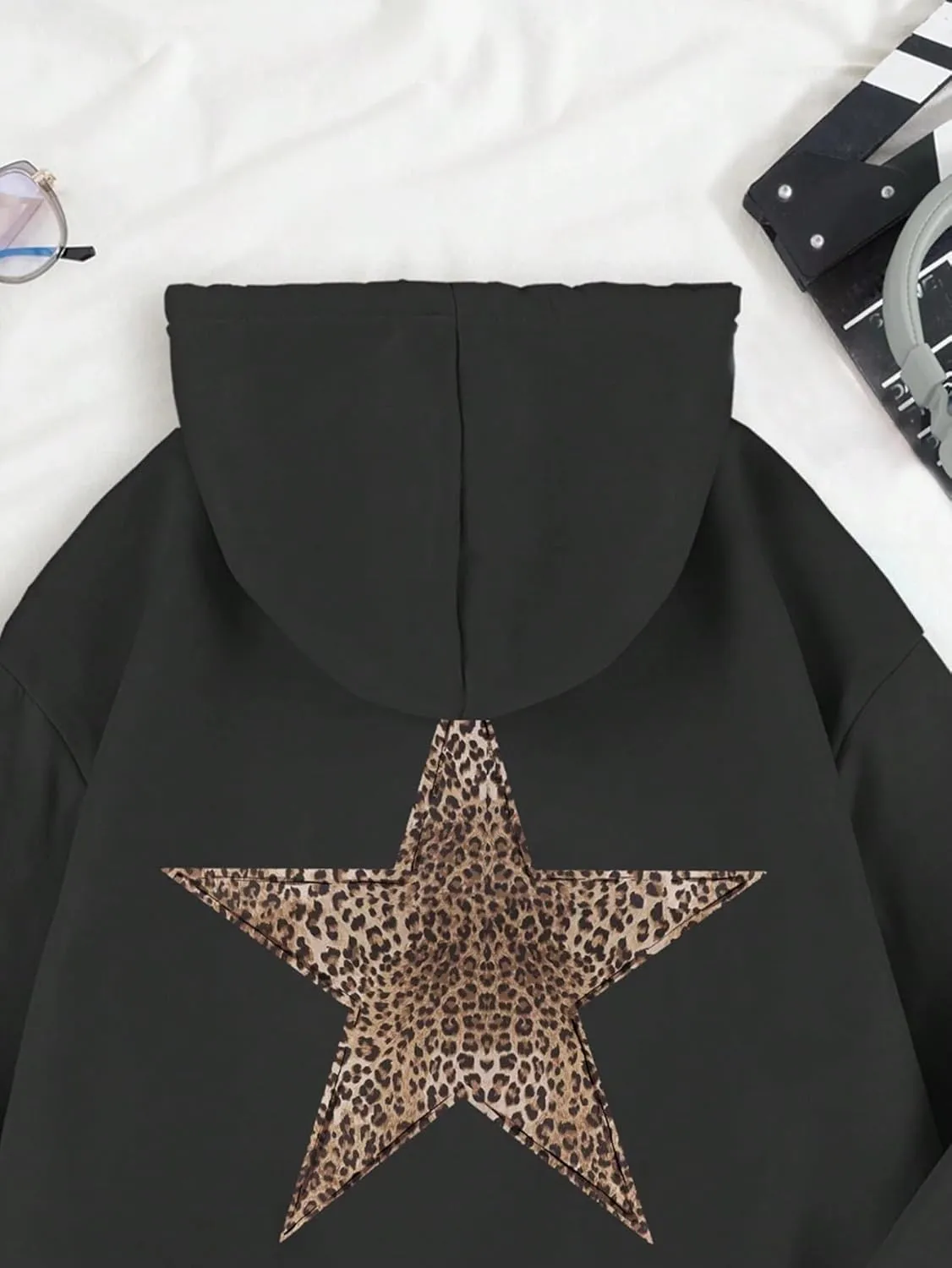 Women's Cheetah Leopard Star Print Hooded Sweatshirt Y2k Casual Long Sleeve Pullover Hoodie Tops
