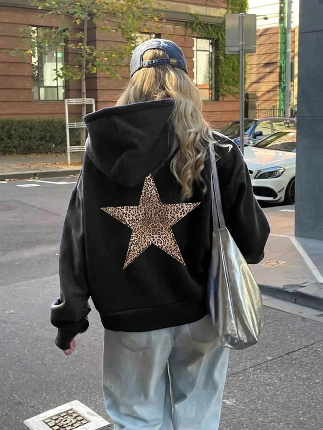 Women's Cheetah Leopard Star Print Hooded Sweatshirt Y2k Casual Long Sleeve Pullover Hoodie Tops