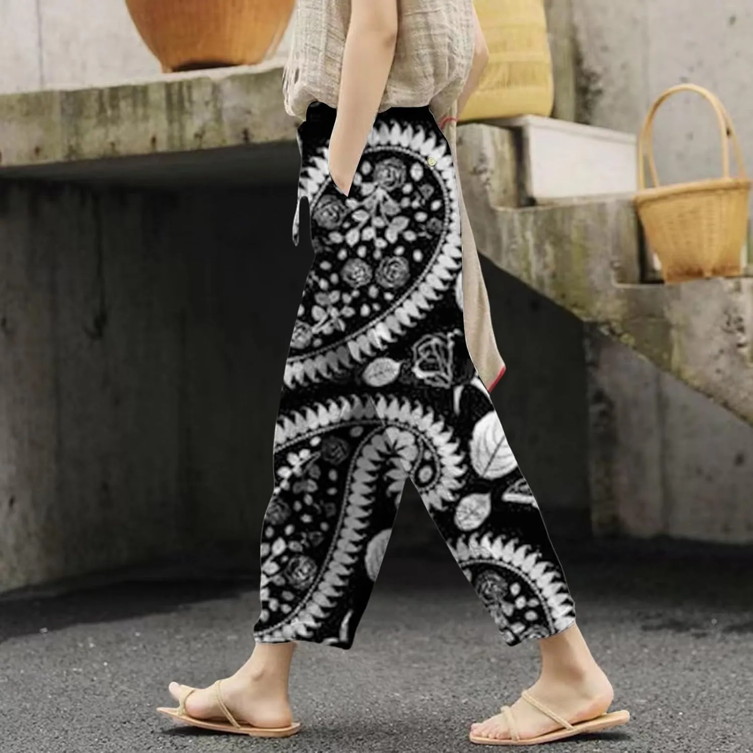 Women's Clothing Summer Casual Drawstring Pants Flowy Wide Leg Beach Trousers with Pockets Fleece Lined Leggings