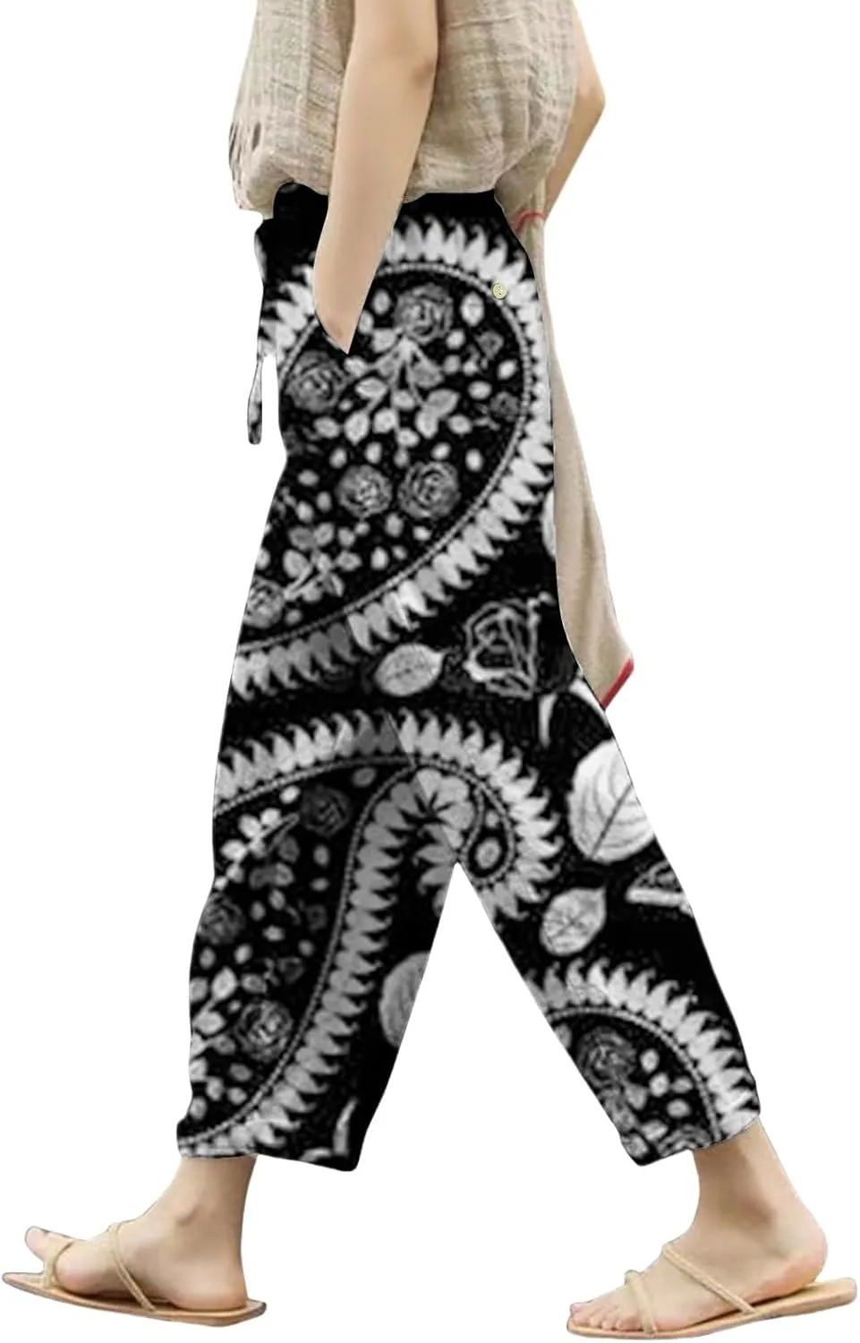 Women's Clothing Summer Casual Drawstring Pants Flowy Wide Leg Beach Trousers with Pockets Fleece Lined Leggings