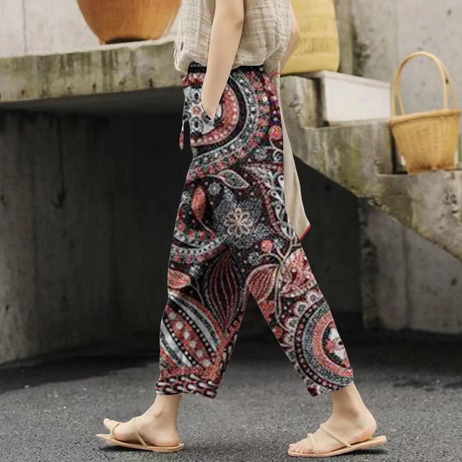 Women's Clothing Summer Casual Drawstring Pants Flowy Wide Leg Beach Trousers with Pockets Fleece Lined Leggings