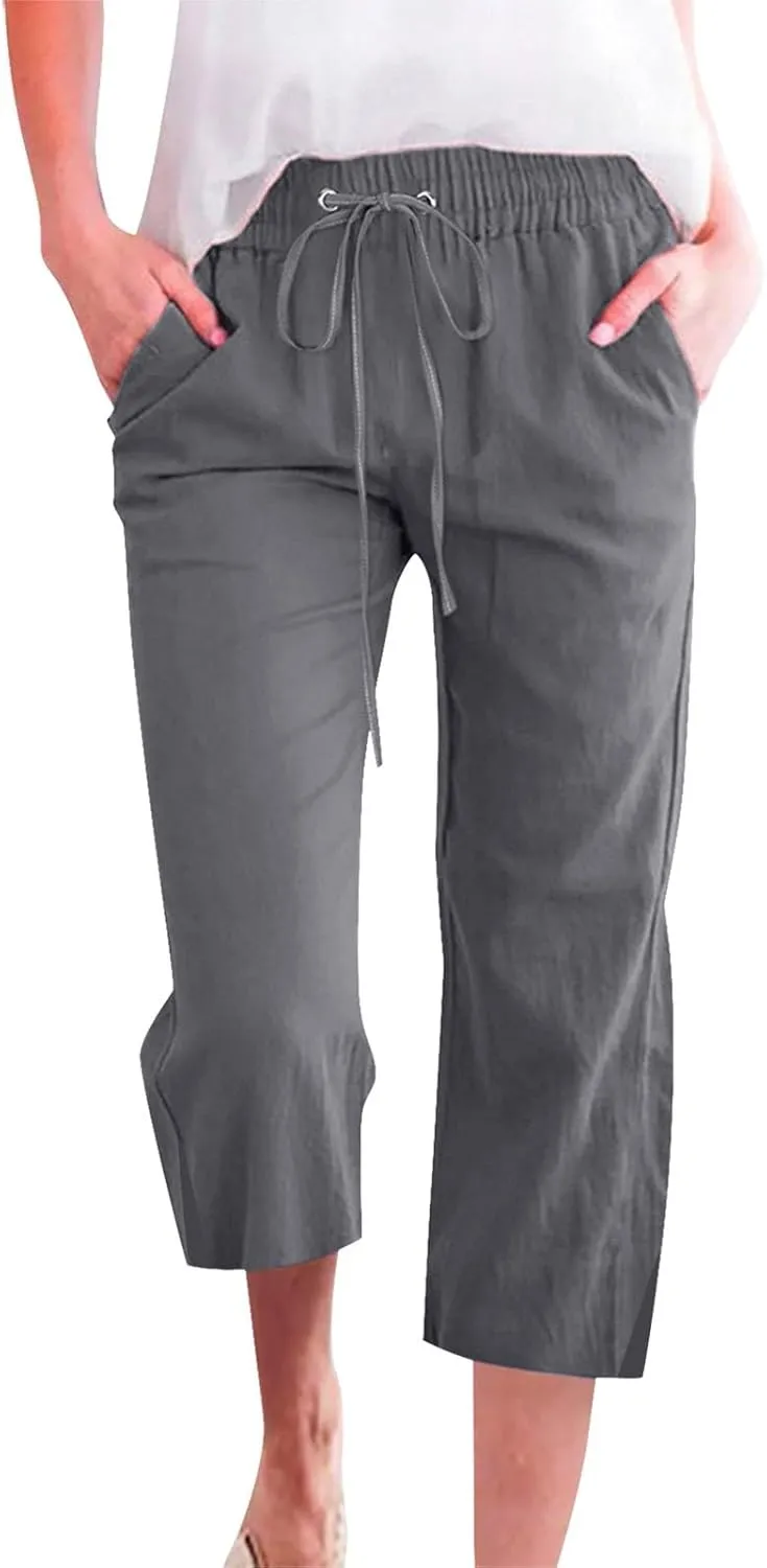 Womens Cotton Linen Casual Capri Lightweight Comfy Drawstring Loose Workout Sweatpants Lounge Palazzo Summer Cropped Trousers