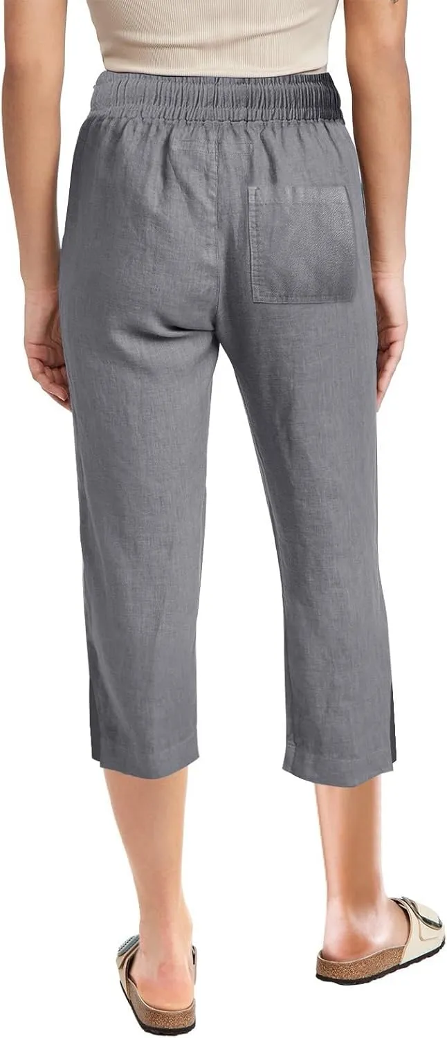 Womens Cotton Linen Casual Capri Lightweight Comfy Drawstring Loose Workout Sweatpants Lounge Palazzo Summer Cropped Trousers