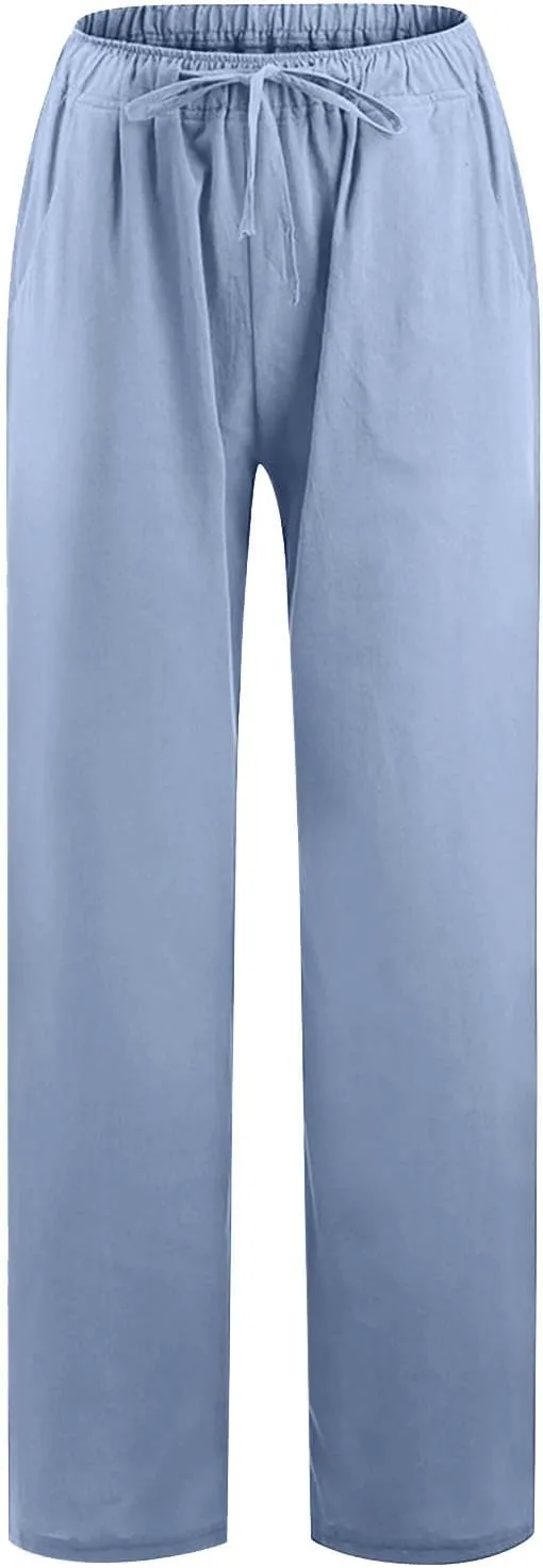 Women's Cotton Linen Palazzo Pants Elastic Waisted Wide Leg Pants with Pockets Summer Beach Trousers Casual Pant