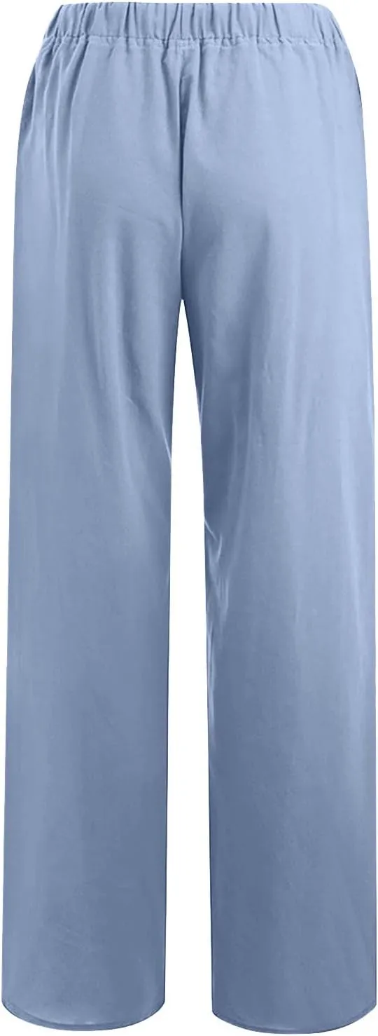 Women's Cotton Linen Palazzo Pants Elastic Waisted Wide Leg Pants with Pockets Summer Beach Trousers Casual Pant