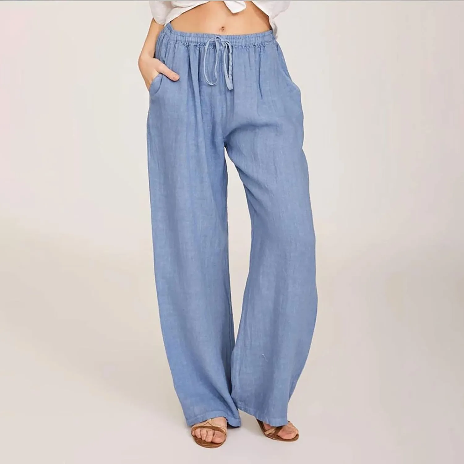 Women's Cotton Linen Palazzo Pants Elastic Waisted Wide Leg Pants with Pockets Summer Beach Trousers Casual Pant