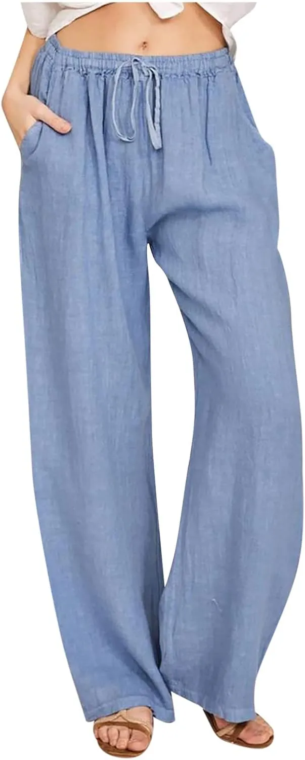 Women's Cotton Linen Palazzo Pants Elastic Waisted Wide Leg Pants with Pockets Summer Beach Trousers Casual Pant