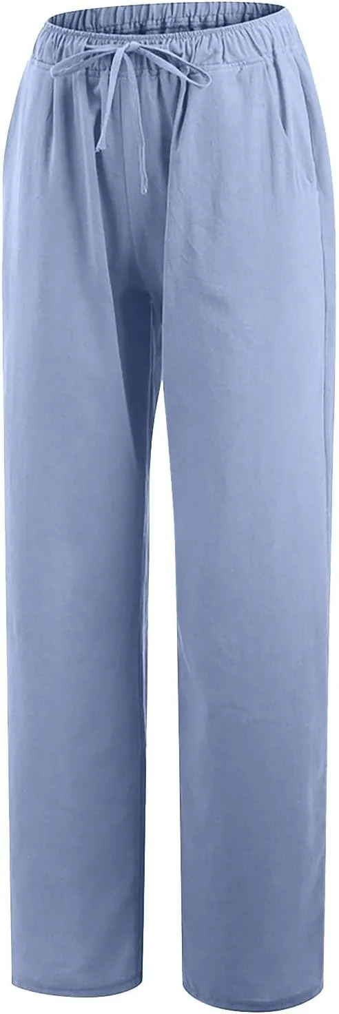 Women's Cotton Linen Palazzo Pants Elastic Waisted Wide Leg Pants with Pockets Summer Beach Trousers Casual Pant