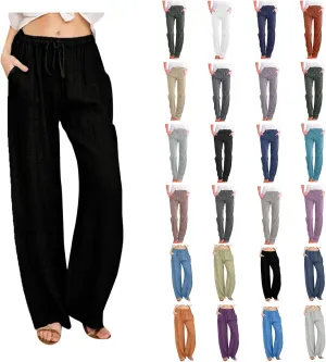 Women's Cotton Linen Pants 2025 Summer Wide Leg Casual Loose Pants Drawstring High Waist Trousers with Pockets