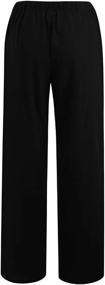 Women's Cotton Linen Pants 2025 Summer Wide Leg Casual Loose Pants Drawstring High Waist Trousers with Pockets