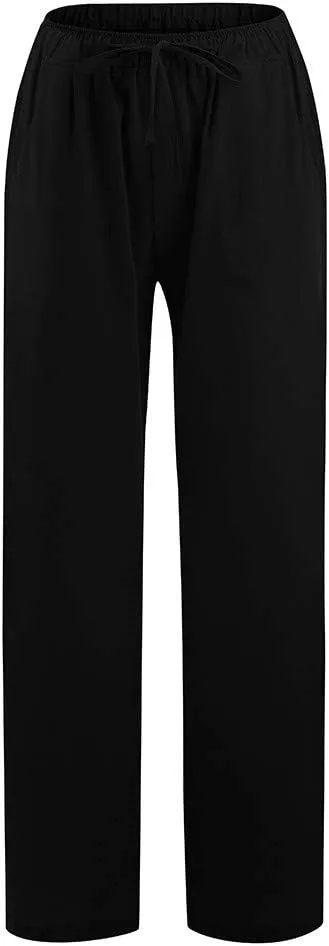 Women's Cotton Linen Pants 2025 Summer Wide Leg Casual Loose Pants Drawstring High Waist Trousers with Pockets