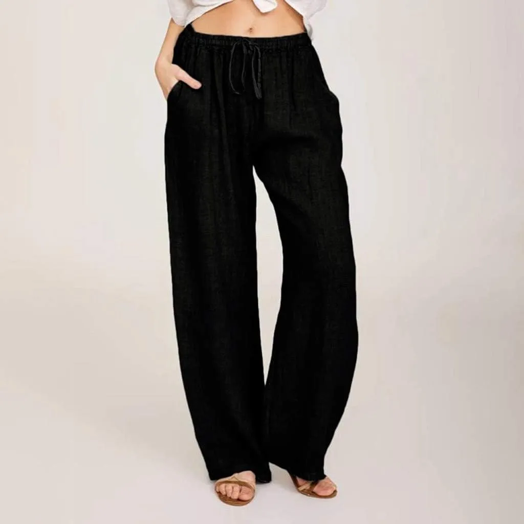 Women's Cotton Linen Pants 2025 Summer Wide Leg Casual Loose Pants Drawstring High Waist Trousers with Pockets