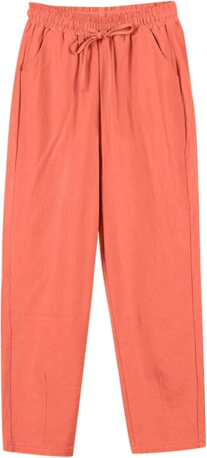 Women's Cotton Linen Straight Leg Pants Lightweight Elastic Waist Drawstring Casual Trousers with Pockets Summer