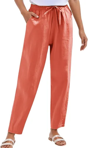 Women's Cotton Linen Straight Leg Pants Lightweight Elastic Waist Drawstring Casual Trousers with Pockets Summer
