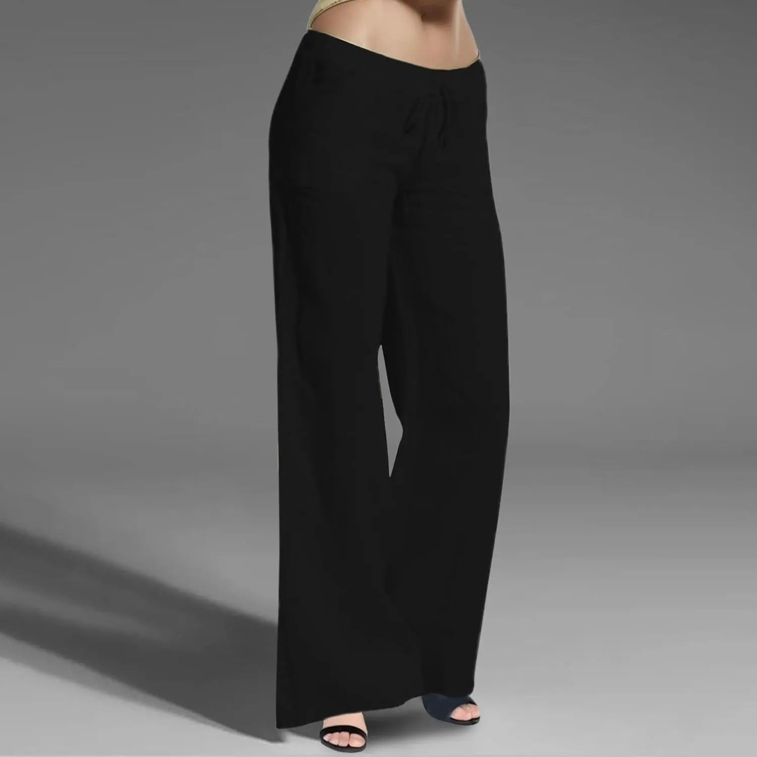 Womens Cotton Linen Summer Lightweigt Palazzo Pants High Waist Long Lounge Slim-Fit Pants Trendy