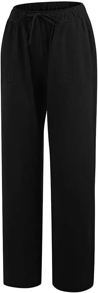Womens Cotton Linen Summer Lightweigt Palazzo Pants High Waist Long Lounge Slim-Fit Pants Trendy