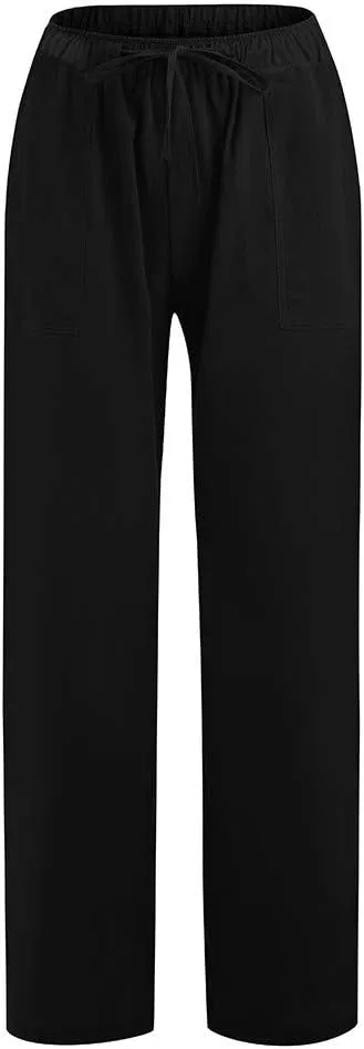 Womens Cotton Linen Summer Lightweigt Palazzo Pants High Waist Long Lounge Slim-Fit Pants Trendy