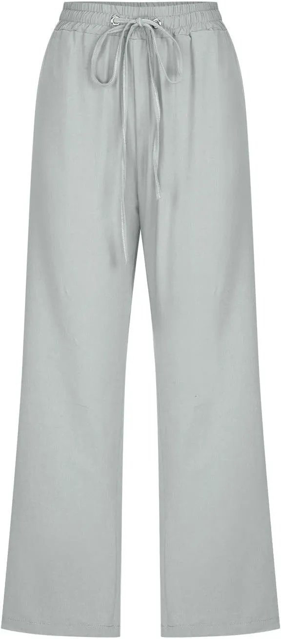 Womens Cotton Linen Summer Print Palazzo Lounge Pants Low Waist Long Lounge Plus Size Trouser Travel