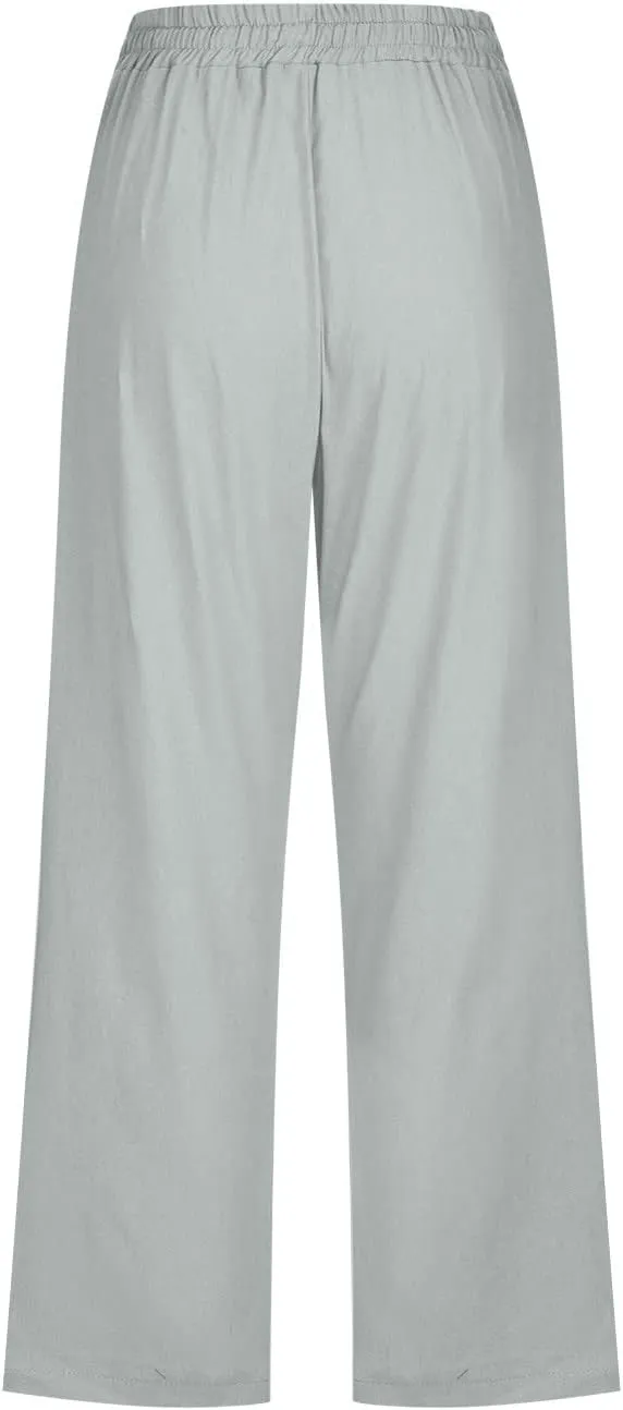 Womens Cotton Linen Summer Print Palazzo Lounge Pants Low Waist Long Lounge Plus Size Trouser Travel