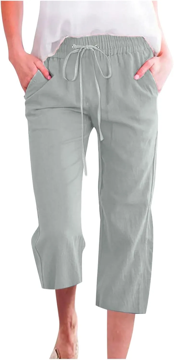 Womens Cotton Linen Summer Print Palazzo Lounge Pants Low Waist Long Lounge Plus Size Trouser Travel