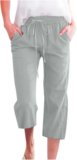 Womens Cotton Linen Summer Print Palazzo Lounge Pants Low Waist Long Lounge Plus Size Trouser Travel