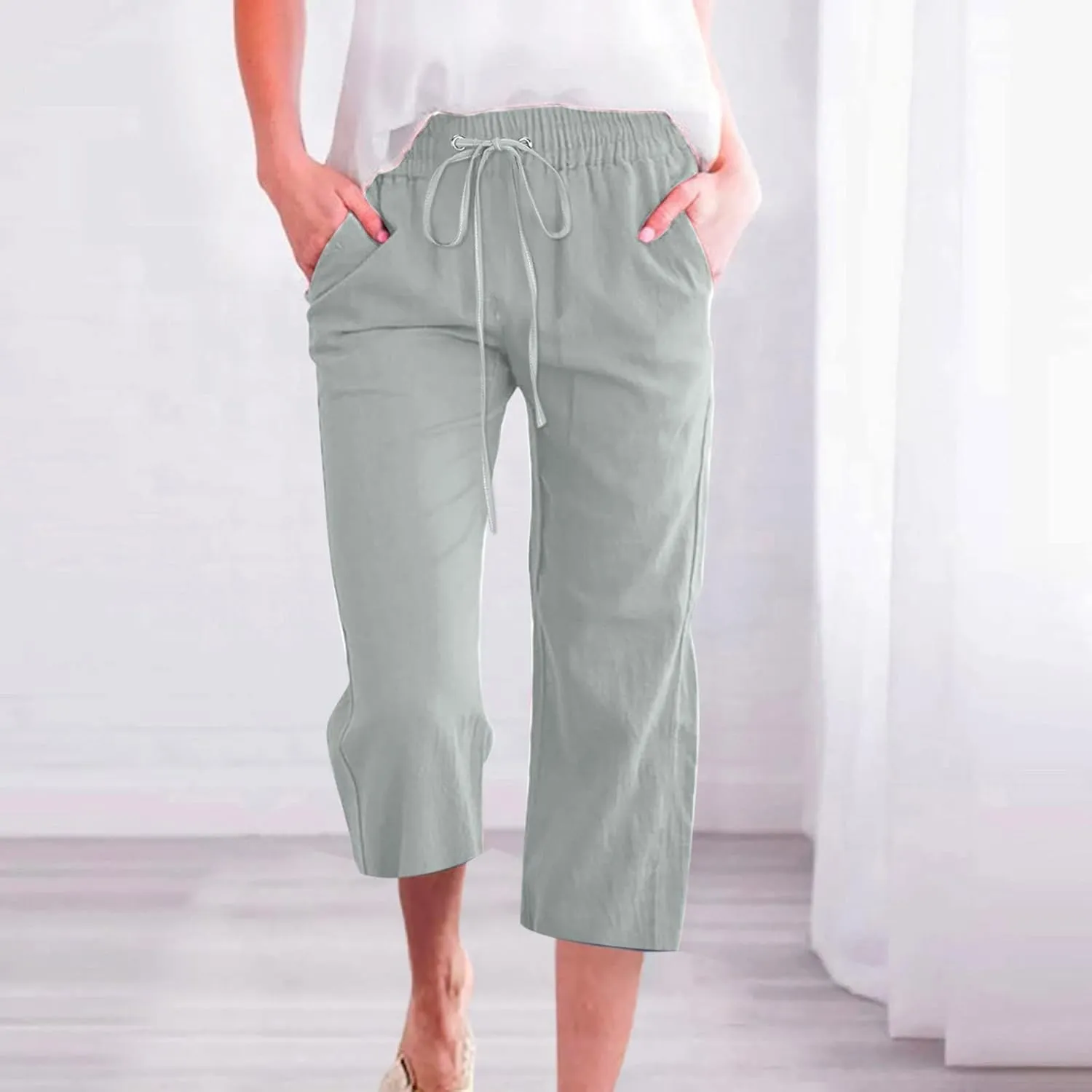 Womens Cotton Linen Summer Print Palazzo Lounge Pants Low Waist Long Lounge Plus Size Trouser Travel