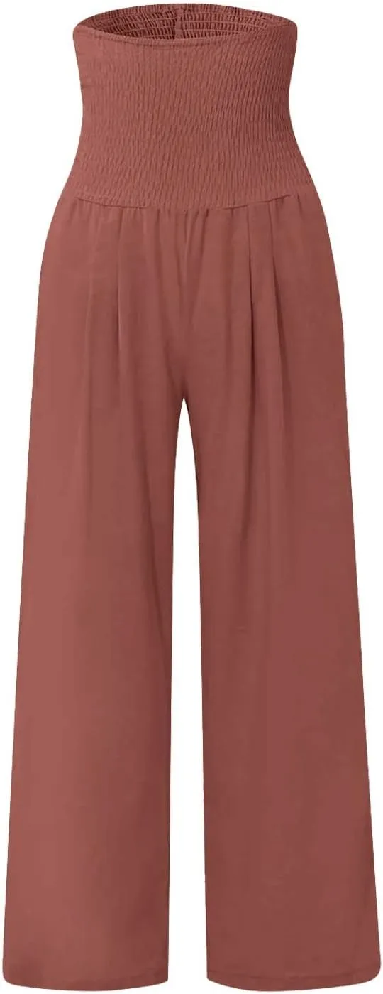 Women's Cotton Linen Summer Print Palazzo Pants Elastic Waisted Straight Plus Size Pant Trousers Vacation