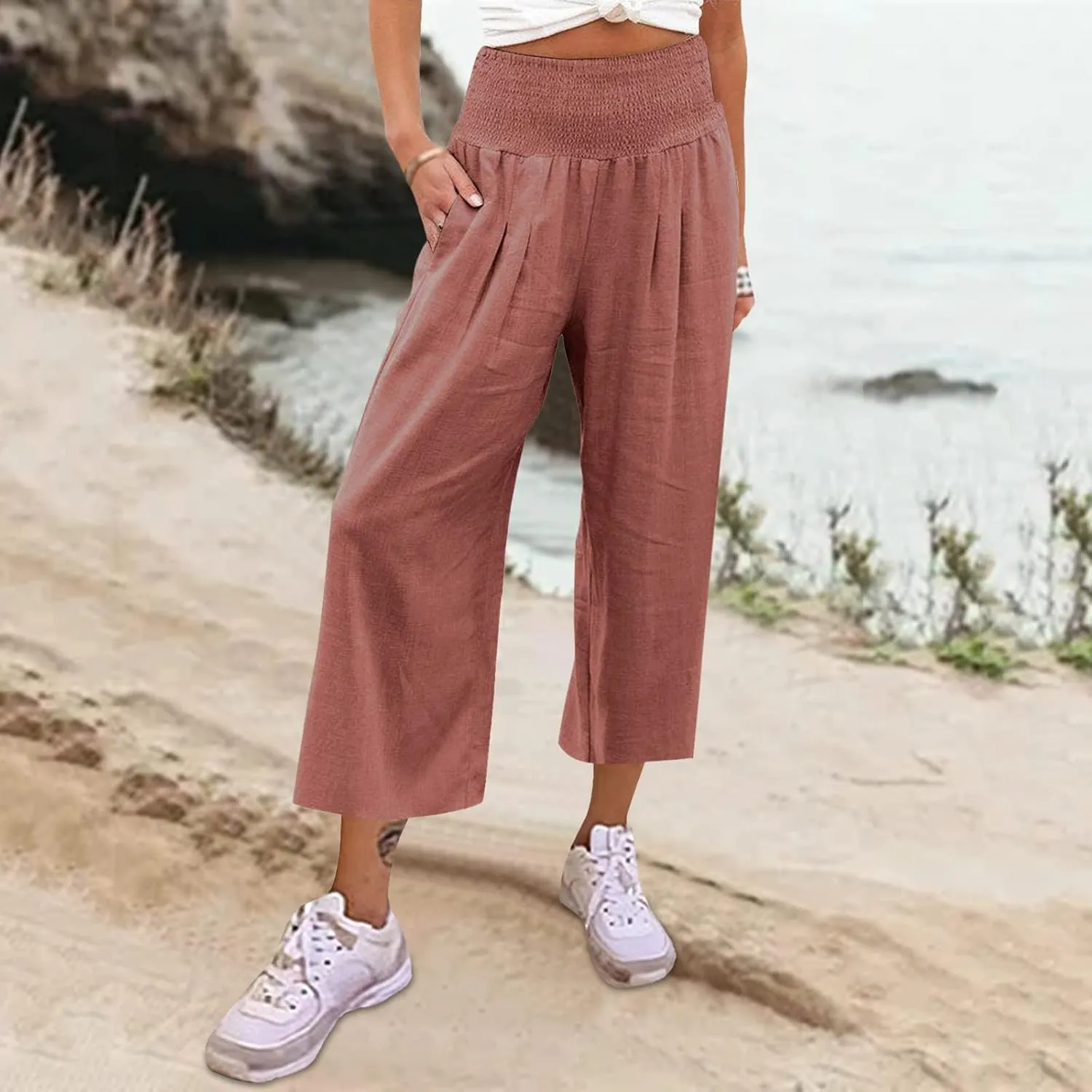 Women's Cotton Linen Summer Print Palazzo Pants Elastic Waisted Straight Plus Size Pant Trousers Vacation