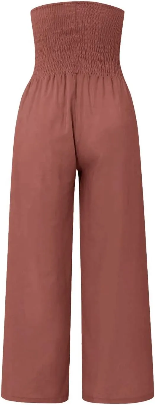 Women's Cotton Linen Summer Print Palazzo Pants Elastic Waisted Straight Plus Size Pant Trousers Vacation