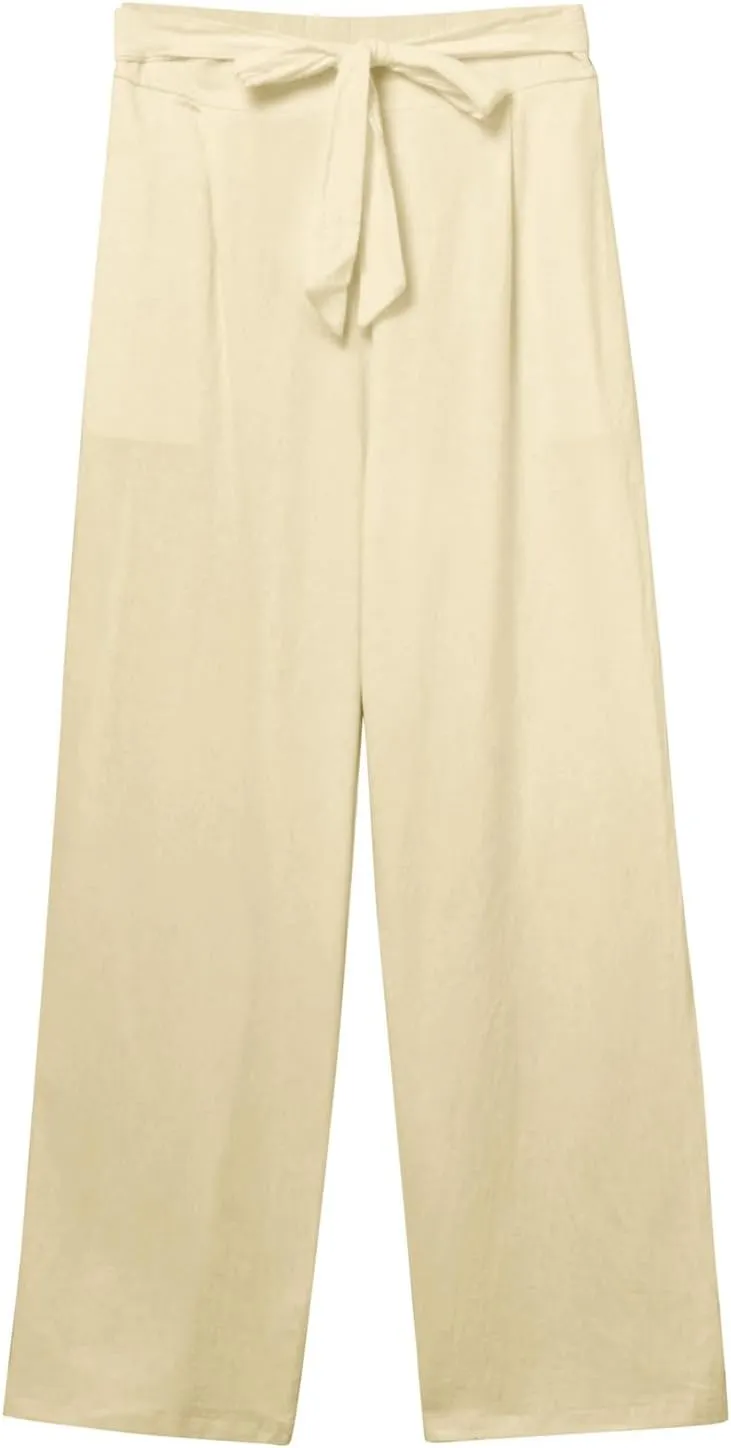 Womens Cotton Linen Summer Pull On Palazzo Pants Elastic Waist Ankle Length Slim-Fit Pant Trousers Vacation